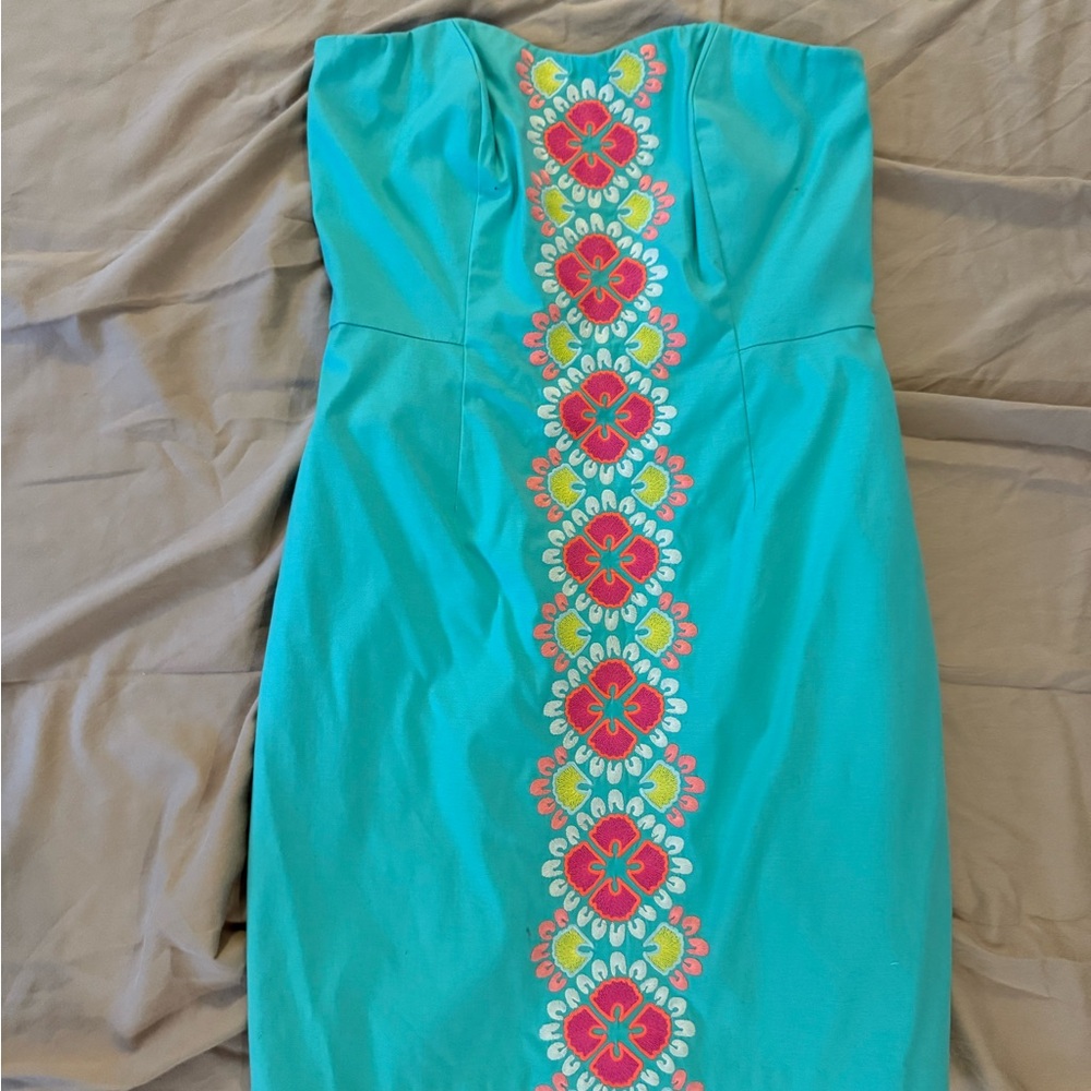 Vineyard Vines Strapless Turquoise Dress with Pink Floral Design